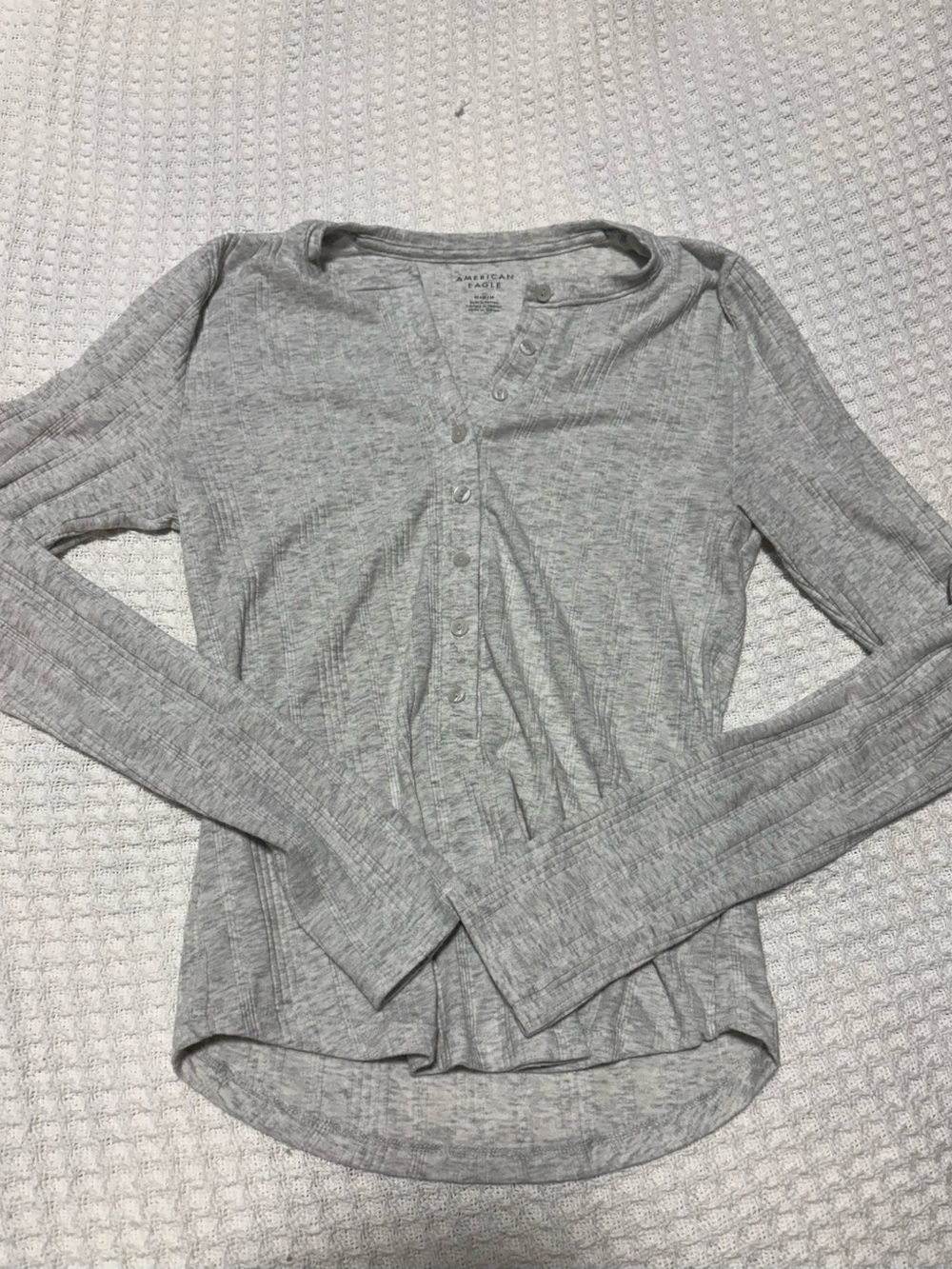 American Eagle Outfitters Light Gray Ribbed Henley Long Sleeve Top